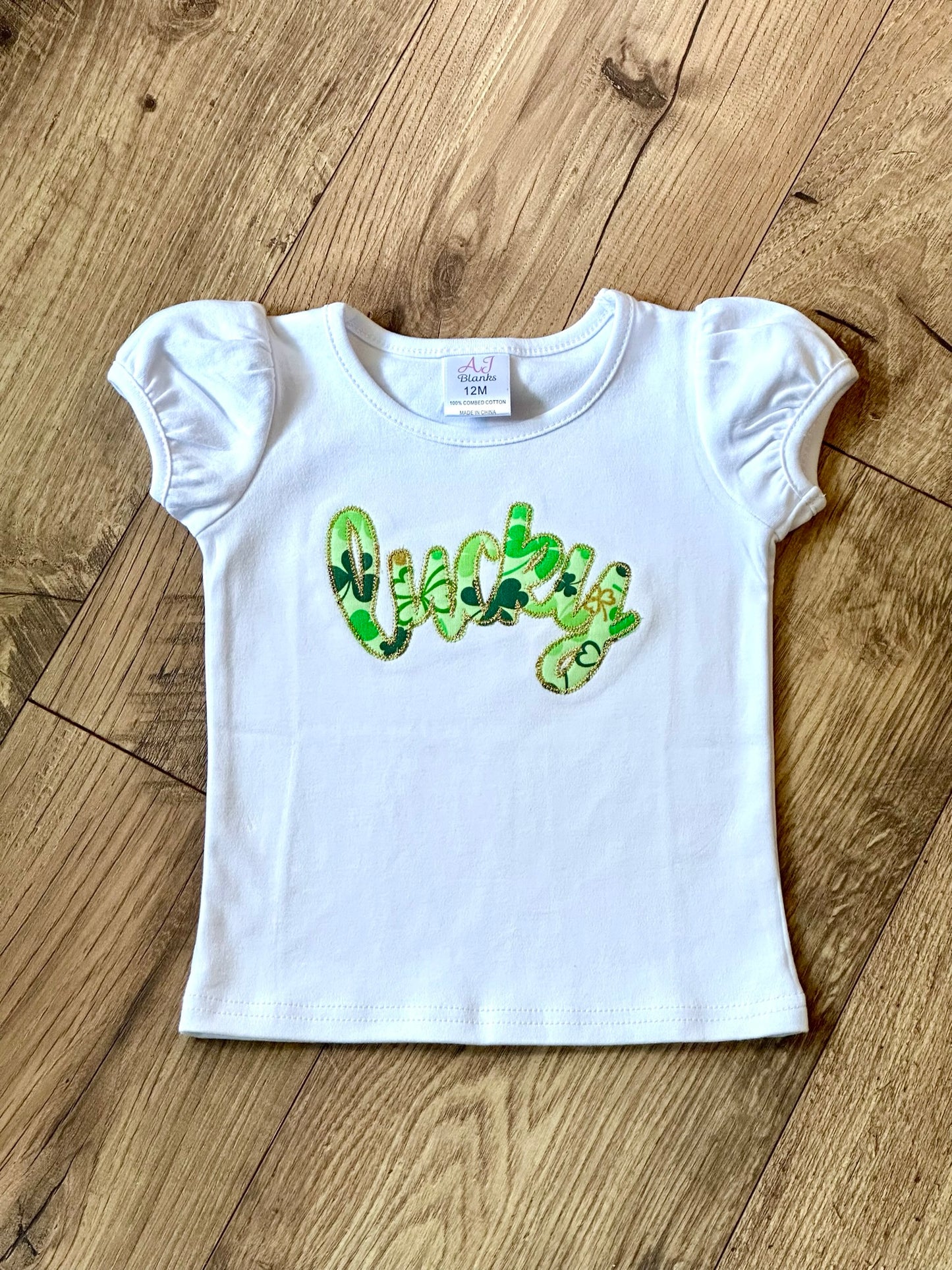 Lucky Puff Sleeve - St. Patrick's Day - Embroidered Applique T-Shirt