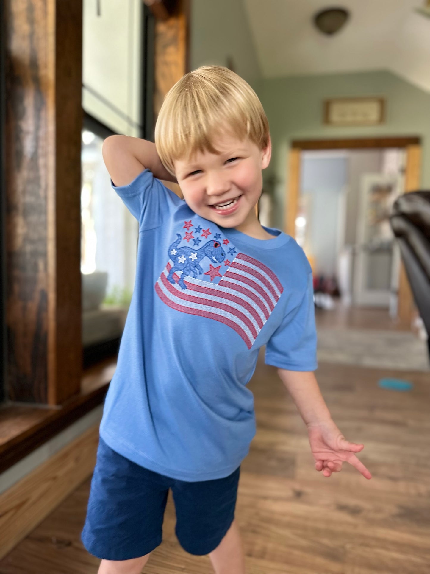 Star Spangled Dino - 4th of July - Embroidered T-Shirt